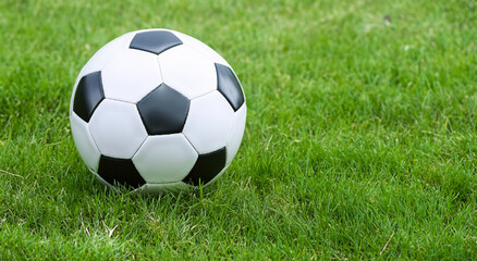 Fototapeta premium classic black and white soccer ball on the grass in high resolution and sharpness. professional and amateur football concept