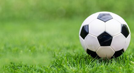 Fototapeta premium classic black and white soccer ball on the grass in high resolution and sharpness. professional football concept