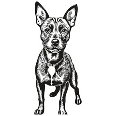 American Hairless Terrier dog line illustration, black and white ink sketch face portrait in vector realistic breed pet