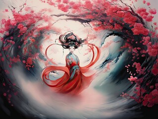 Graceful Ancient Chinese Hanfu Dancer in Traditional Peking Opera Floral Headdress, floral background, water sleeves, abstract fantasy pastel painting in red pink and green, generative AI