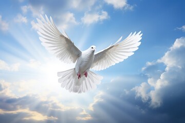 Obraz premium White dove in the sky with open wings Generative AI