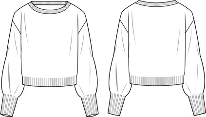 Women's Balloon Sleeve Jumper- Technical fashion illustration. Front and back, white color. CAD mock-up. - obrazy, fototapety, plakaty