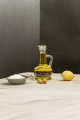A glass bottle filled with Spanish olive oil