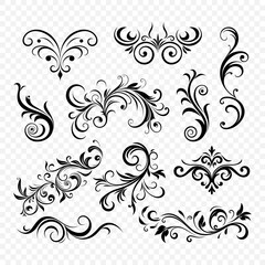 Vector Vintage Decorative Swirls, Scrolls, Floral Calligraphic Design Elements, Frames , Flourishes, Borders, Dividers. Retro Curls and Filigree Ornaments, Isolated - obrazy, fototapety, plakaty