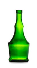 An empty bottle of an unusual shape made of dark green glass for cognac, whiskey on a white background.