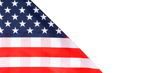 American flag on a white background, top view, copy space. Symbol of independence, patriotism.