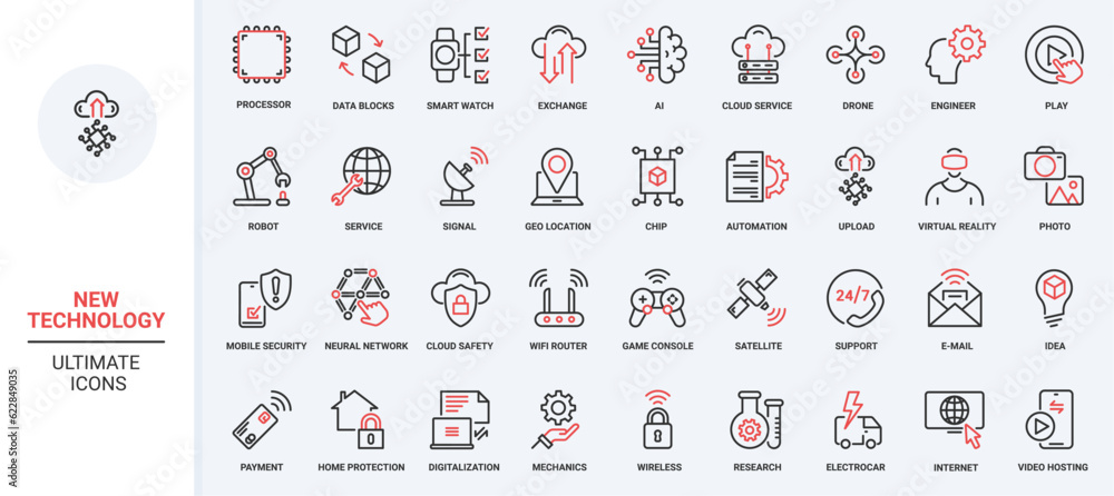 Poster Vector illustration of trendy red black thin line icons set technology future, including modern innovations smart home digitization, AI neural network, robots drones, security service digital data.