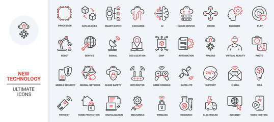 Vector illustration of trendy red black thin line icons set technology future, including modern innovations smart home digitization, AI neural network, robots drones, security service digital data.