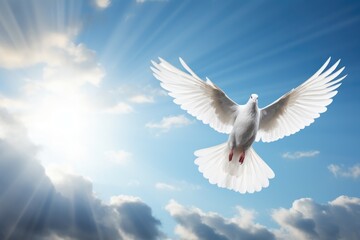 Obraz premium White dove in the sky with open wings Generative AI