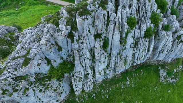 Landscape in the Alto del Caracol. Aerial view from a drone. Landscape in the surroundings of the village of San Roque de Riomiera. Valleys Pasiegos, Cantabria, Spain, Europe