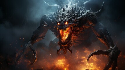 Angry demon in the fire of destruction. Angry creature from hell with a growl giving a death stare. Beast causes chaos and destruction on a fire background. Fictional scary character with a grin. .
