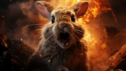 Furious rabbit in the fire of destruction. Angry furry bunny with a growl giving a death stare. Rabbit beast causes chaos and destruction on a fire background. Fictional scary character with a grin.