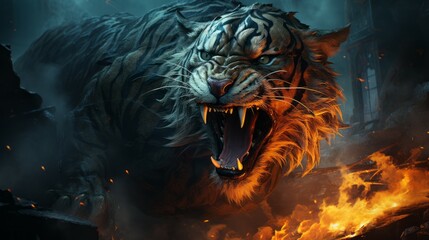 Furious tiger in the fire of destruction. Angry furry tiger with a growl giving a death stare. Cat like beast causes chaos and destruction on a fire background. Fictional scary character with a grin.
