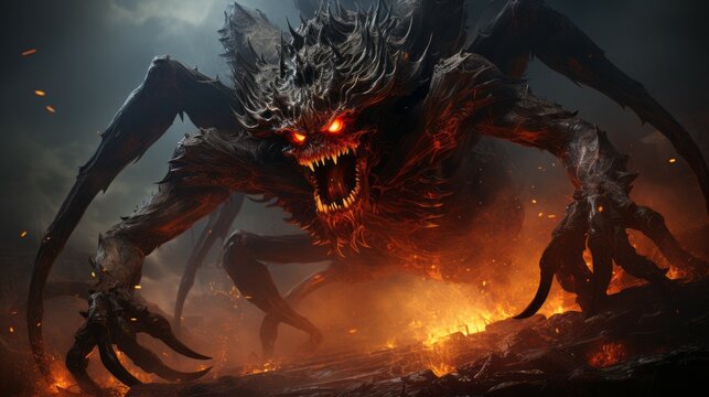 Angry demon in the fire of destruction. Angry creature from hell with a growl giving a death stare. Beast causes chaos and destruction on a fire background. Fictional scary character with a grin. .
