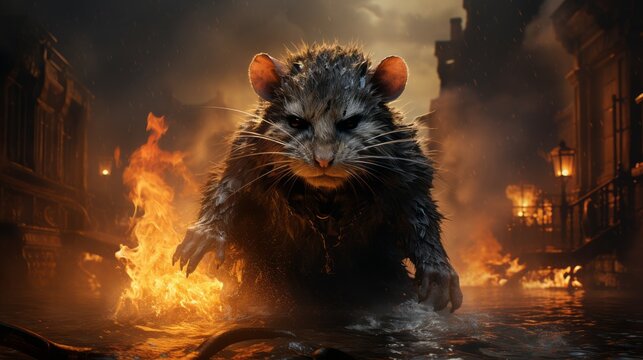 Furious rat in the fire of destruction. Angry furry mouse with a growl giving a death stare. Rat beast causes chaos and destruction on a fire background. Fictional scary character with a grin.