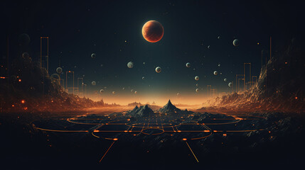 Surreal panoramic landscape of outer space planet
