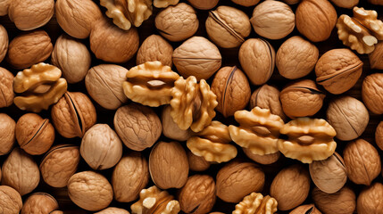 Seamless background of peeled walnuts. Walnuts in shell. Created in ai.