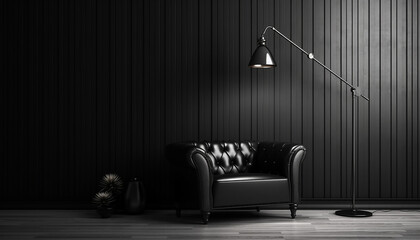 Room with black wall, sofa and lamp in the room, background