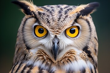 Close up shot of Owl face with big yellow eyes