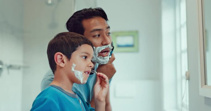Dad, boy and learning to shave in bathroom with facial cream, skincare routine and support. Father, kid and teaching about cosmetics of cleaning face, beard and foam for love, care and family at home
