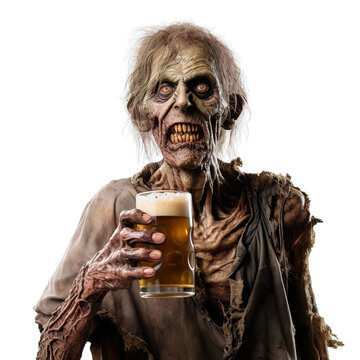 Zombie having a beer and looking at camera on transparent background