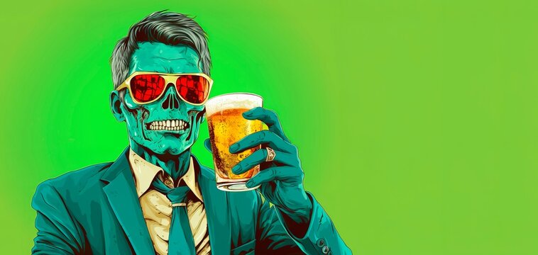 Cartoon illustration of zombie drinking beer on green background with copy space