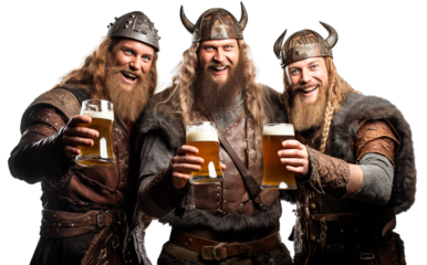 Three Vikings men drinking beer and smiling at camera on transparent isolated background