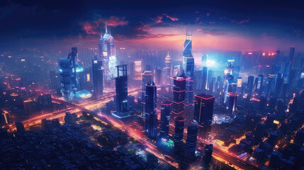 Fototapeta premium A active futuristic cityscape at night, illuminated by neon lights