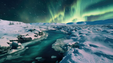 Fototapeta na wymiar A breathtaking view of a frozen tundra under the northern lights