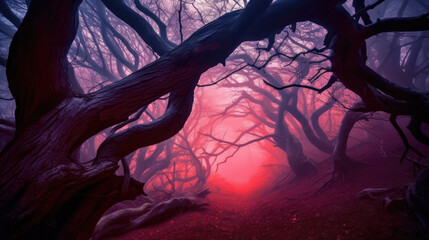 A creepy forest with gnarled trees and a thick fog, illuminated by a soft red aurora