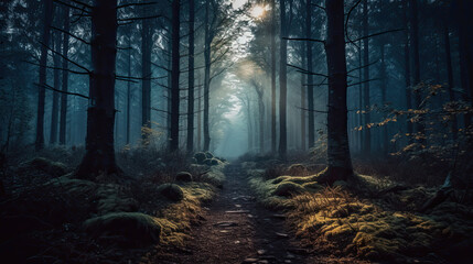 Fototapeta premium A dense, eerie forest with ancient, towering trees