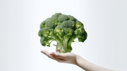 Isolated Broccoli in a hand on a white background. Vegetarian products created in AI.