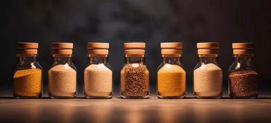 Poster A set of spices in glass jars on a gray uniform background. Oriental spices, assorted spices in flasks. A spicy paprika created in AI. © Ренат Хисматулин