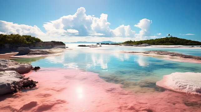 A unique tropical landscape with a blue lagoon and pink sand water