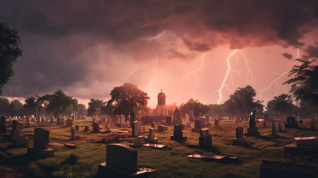 An old, decrepit graveyard under a stormy sky, with a red lightning bolt illuminating the scene