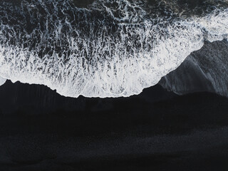 Aerial view of black sand beach and waves, Reynisfjara, Iceland.