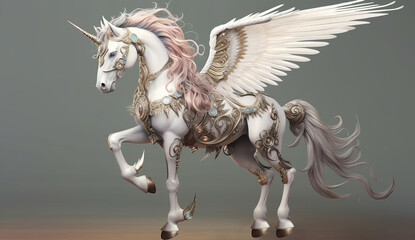 Obraz na płótnie Canvas Mythical creature unicorn in expensive armor. Gorgeous Pegasus with huge wings and a horn in flight. Painted powerful unicorn in all its glory. A horse created in ai.