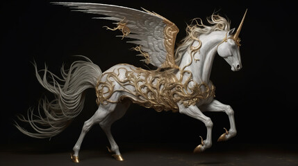 Obraz na płótnie Canvas Mythical creature unicorn in expensive armor. Gorgeous Pegasus with huge wings and a horn in flight. Painted powerful unicorn in all its glory. A horse created in ai.