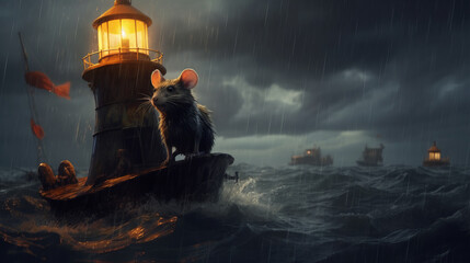 Rats swim in the ocean on a life raft with a lantern, mice escape from a sinking ship during a night storm. Created in AI. - obrazy, fototapety, plakaty