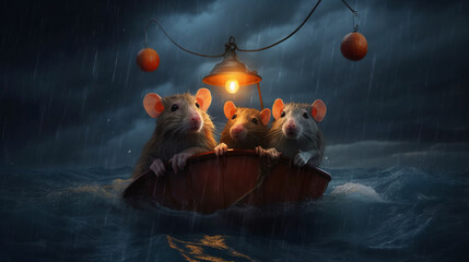 Rats swim in the ocean on a life raft with a lantern, mice escape from a sinking ship during a night storm. Created in AI. - obrazy, fototapety, plakaty