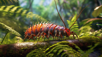 Tropical poisonous centipede. Huge centipede in the jungle. Insect Created in ai.