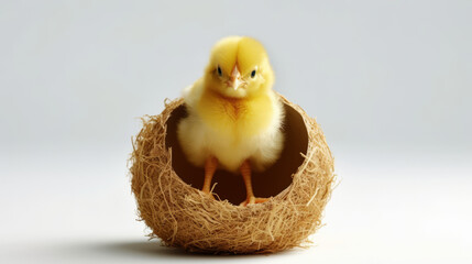 Little yellow chicken in an eggshell. Hen in the nest. Isolated chick created in ai. - obrazy, fototapety, plakaty