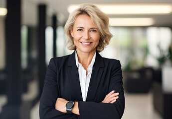 Smiling confident stylish mature mid aged woman standing at home office. Mature businesswoman, blond lady executive business leader manager looking at camera arms crossed, 