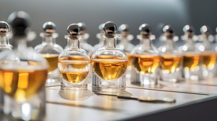 bottles and flacons with perfume essences and oils, the concept of making spirit of perfume products, photo taken wide open, with partial out of focus in the foreground, AI generation - obrazy, fototapety, plakaty