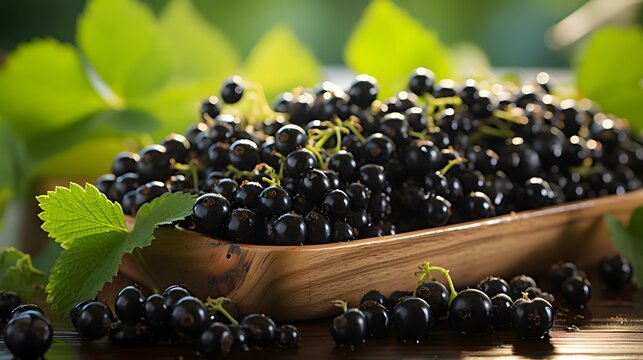 Black currant berries in a wooden bowl on a green background. Fresh black currant background. Top view. Close up of fresh black currants background. Healthy food concept.	