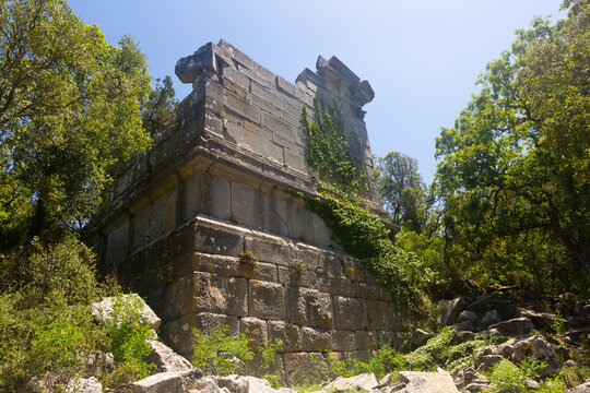 Ruins of Termessos Corinthian temple. Pisidian ancient city in modern Turkey.