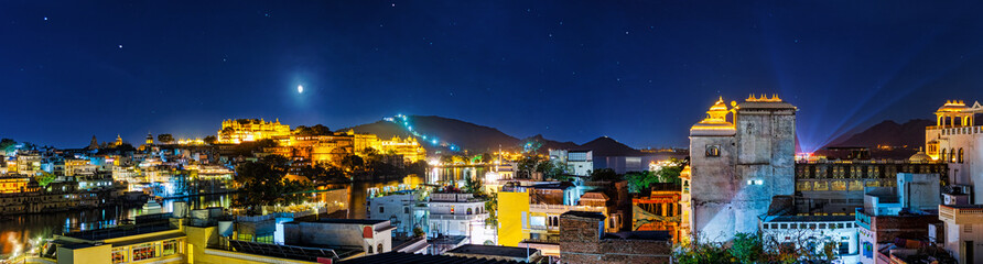 Udaipur at night, Panorama. Udaipur, Rajasthan, India, Asia
