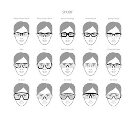 Set of Sport frame glasses on women face character fashion accessory illustration. Sunglass front view unisex silhouette style, flat rim spectacles eyeglasses with lens sketch style isolated on white