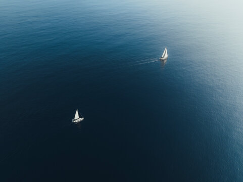 Aerial view of two boats sailing the Mediterranean Sea, Sicily, Italy.