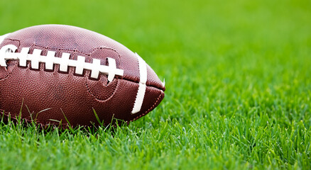 american football ball on a green grass in high resolution